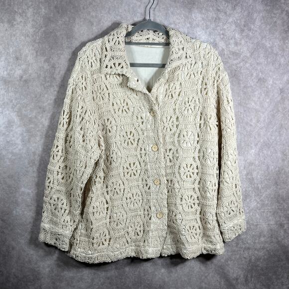 Illa Illa Cardigan Sweater Womens Medium Ivory Crochet Button Front Boho Cottage - Picture 1 of 10
